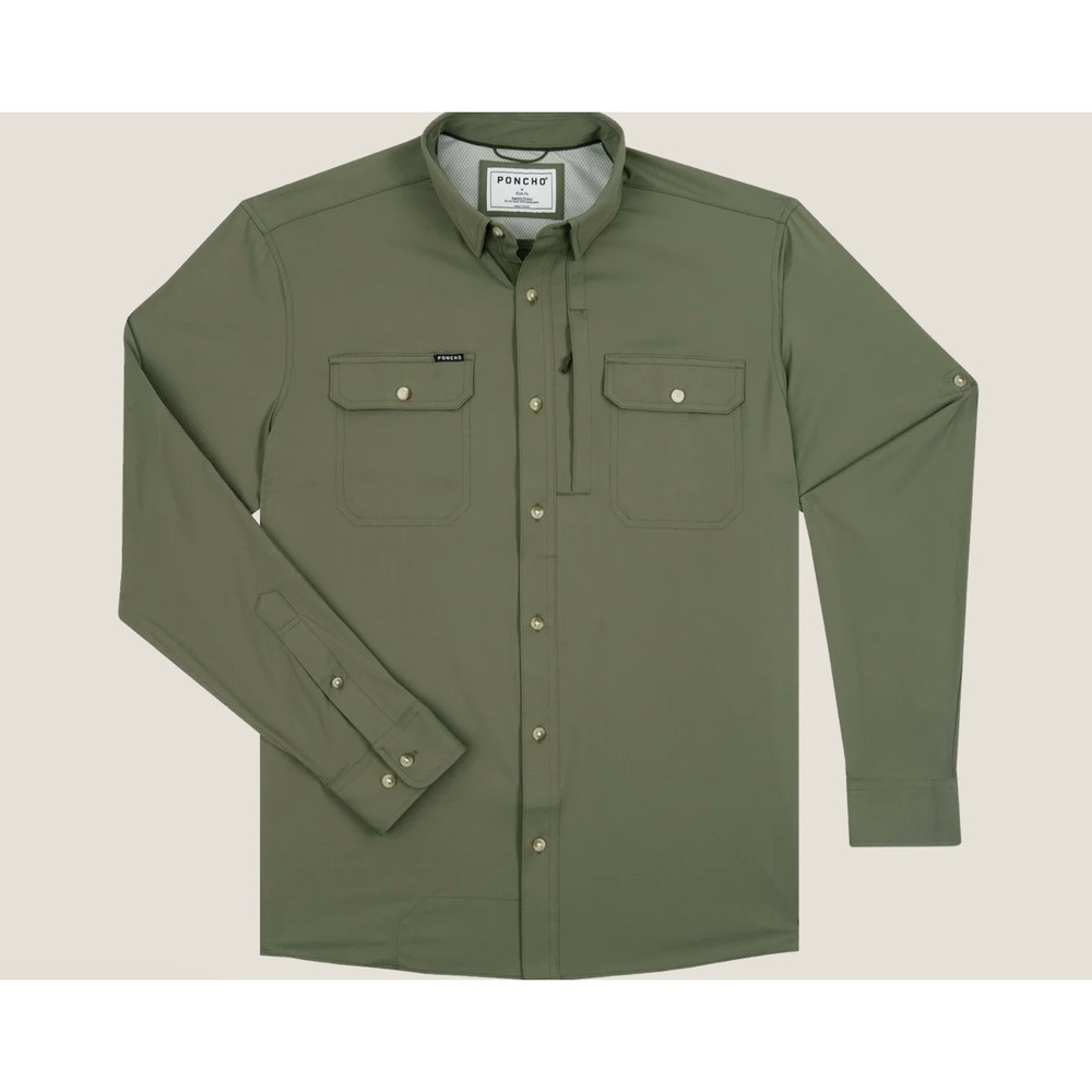 Poncho Outdoors Mens XL Regular Fit Magnetic Pocket Fishing Shirt Olive Green